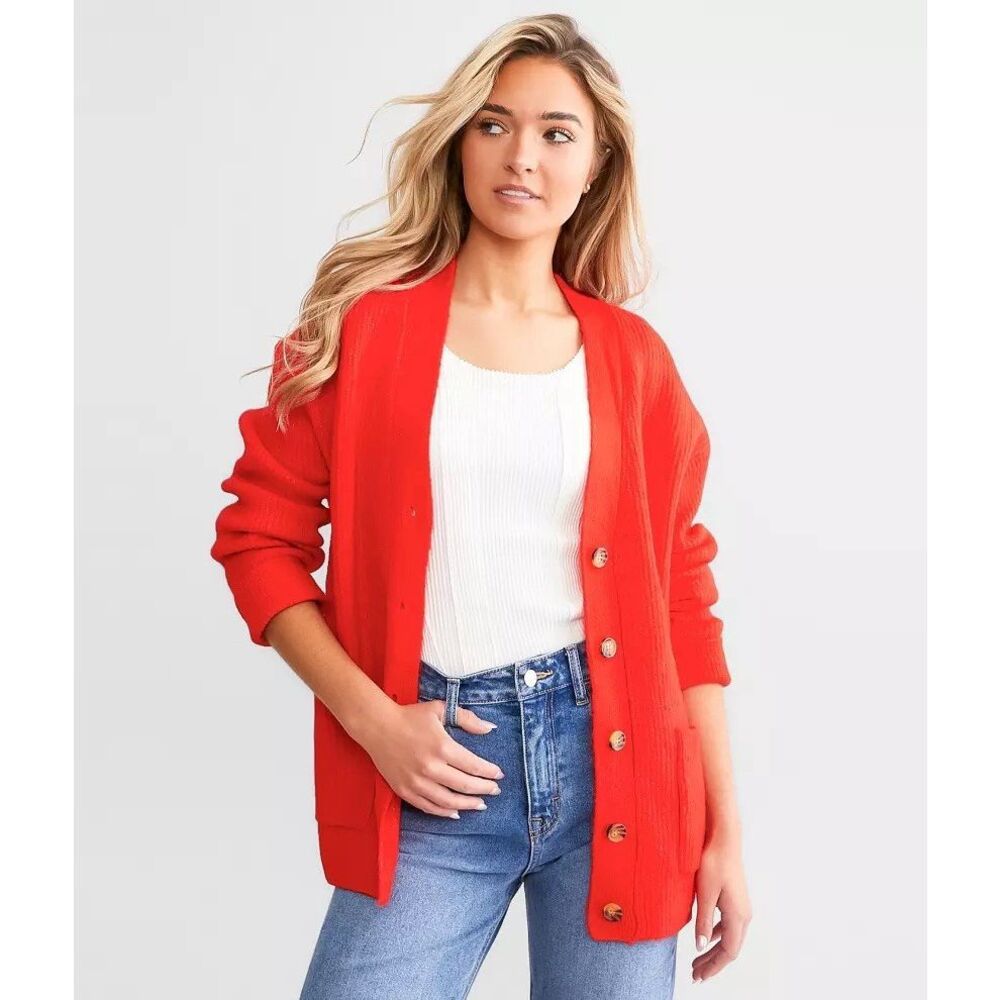 Billabong‎ So Chill Rad Red Button Cardigan Sweater Pockets Large Womens Boho